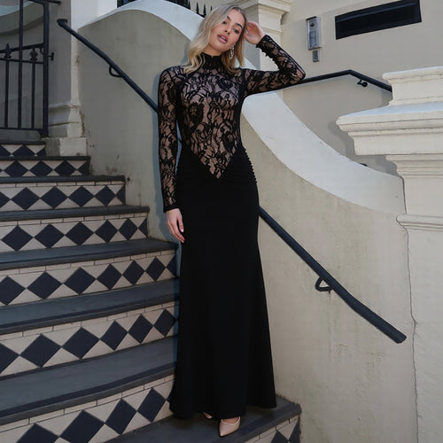 Damen Elegantes Maxikleid mit transparentem Spitzenoberteil und figurbetontem Schnitt EB