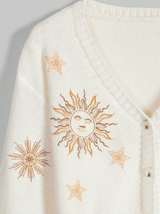Damen Strickjacke mit kunstvollem Sonnen- und Sternenstick EB