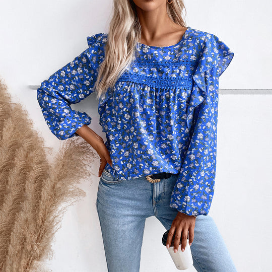 Damen nan romantische Hemdblusenbluse mit Spitzenborte, Volantärmel und lockerer Tunika-Silhouette EB
