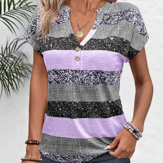 Damen nan gestreiftes Viskosemix-Relaxshirt mit V-Ausschnitt, Krempelärmeln und dekorativer Knopfleiste EB