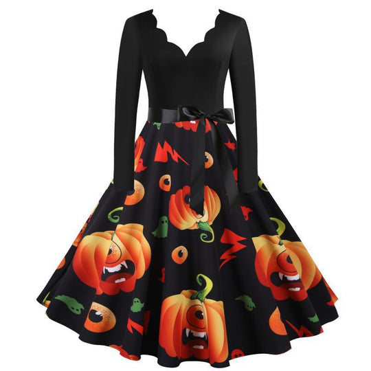 Damen Vintage Swing Kleid mit Halloween-Kürbis-Print und Taillengürtel EB