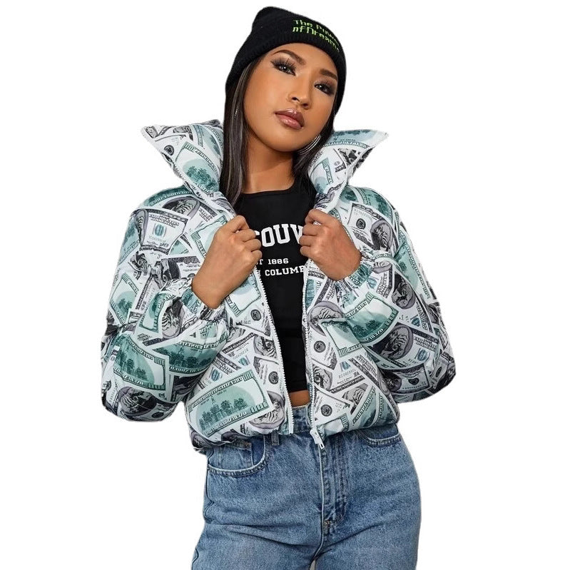 Damen modische cropped Steppjacke im Dollar-Design EB