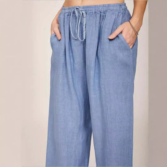 Damen Leinenhose mit weitem Bein und praktischen Seitentaschen EB