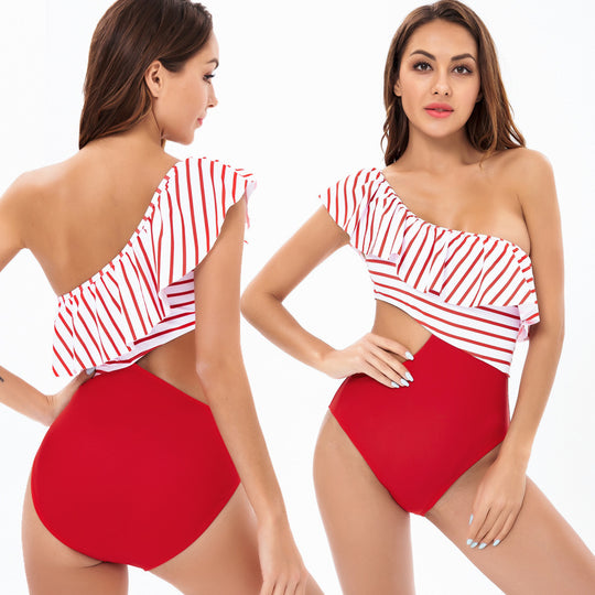 Damen Einteiler Badeanzug mit asymmetrischem Schnitt und raffinierten Rüschendetails EB