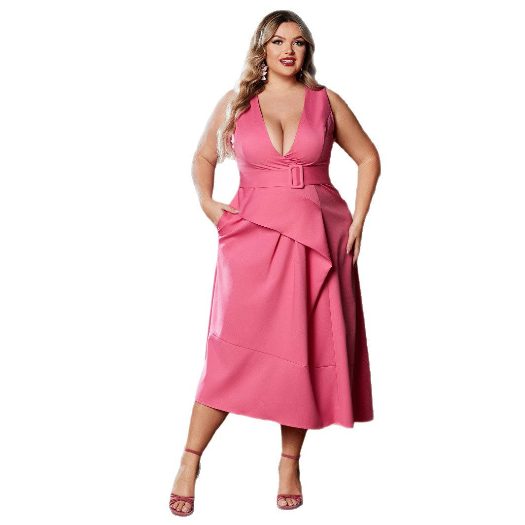 Damen Elegantes Maxikleid mit Gürtel und tiefem Ausschnitt EB