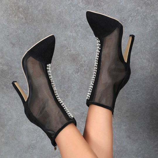 Damen elegante Knöchel-Stiefeletten mit transparentem Mesh-Obermaterial und funkelnden Details EB
