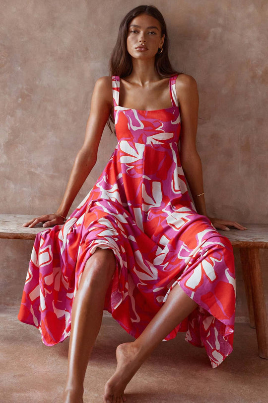 Damen Maxikleid mit Blumenmuster und verstellbaren Spaghettiträgern EB