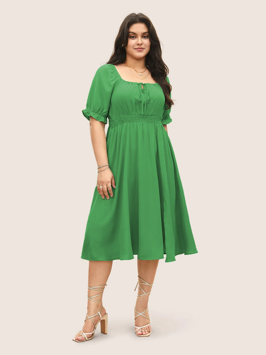 Damen Midi-Kleid mit Puffärmeln und elastischem Taillenbund EB
