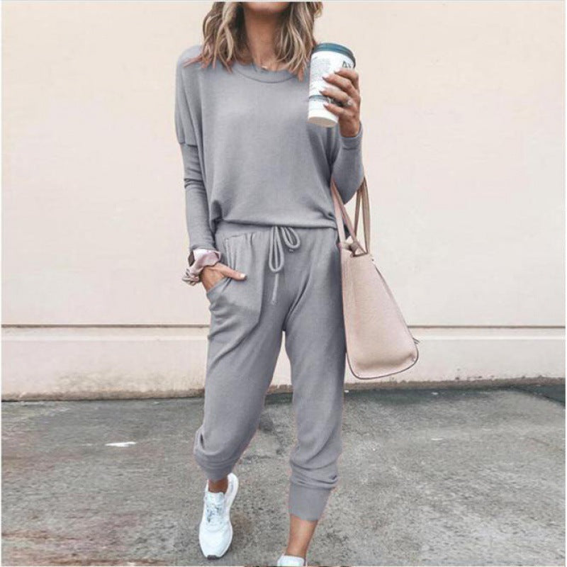 Damen Lässiges Lounge-Set mit Rundhalsausschnitt, Kordelzug-Hose und Bündchen EB
