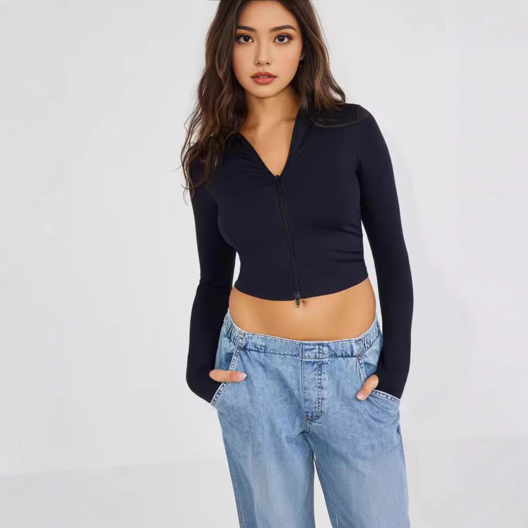 Damen Cropped Zip-Langarmshirt mit hohem Kragen EB