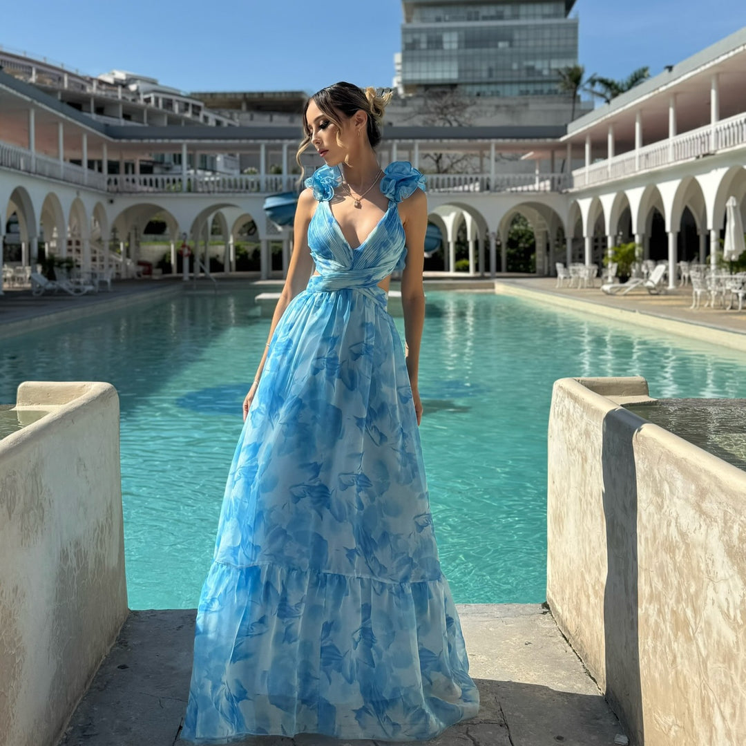 Damen Maxikleid mit luftigen Rüschendetails und ausgefallenem Wickeldesign EB