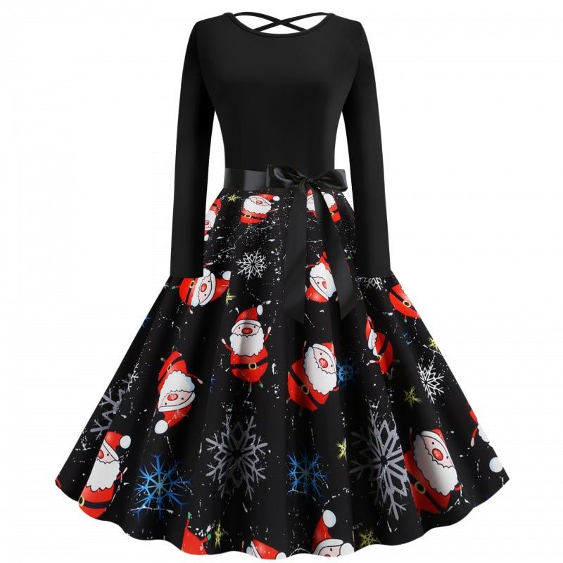 Damen Festliches Swingkleid mit Nikolausprint, tailliertem Satinband und gekreuztem Rückendetail EB