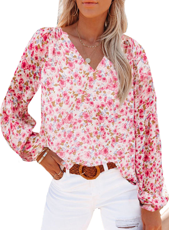 Damen Bluse mit floralen Mustern und V-Ausschnitt EB