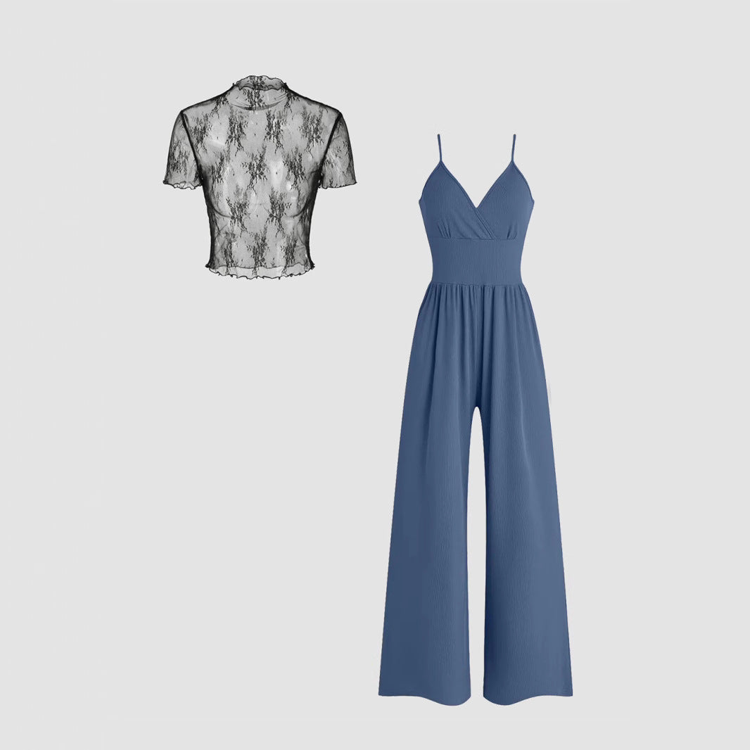 Damen elegantes V-Ausschnitt Jumpsuit mit transparenter Bluse EB