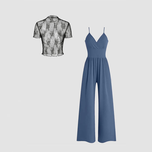 Damen elegantes V-Ausschnitt Jumpsuit mit transparenter Bluse EB