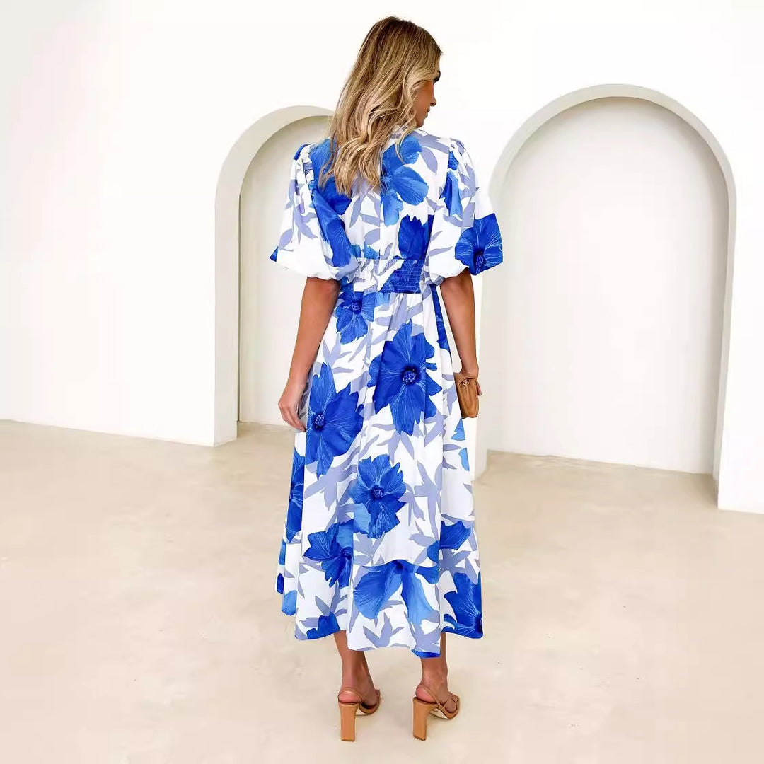 Damen Maxikleid mit buntem floralen Design und lässigen Puffärmeln EB