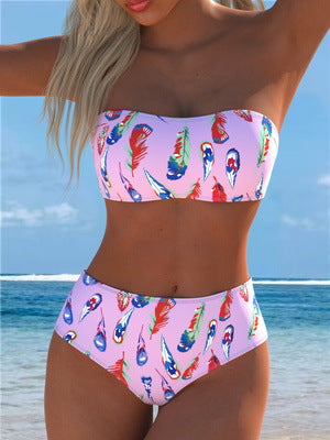 Damen Bandeau-Bikini mit einzigartigem Federmuster und hohem Taillenschnitt EB