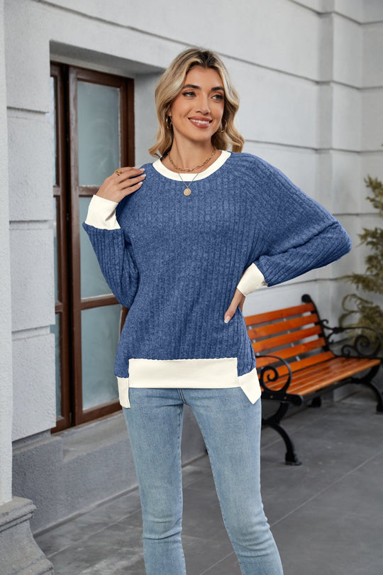 Damen lässiger Pullover mit kontrastierenden Ärmelabschlüssen und einzigartiger Textur EB