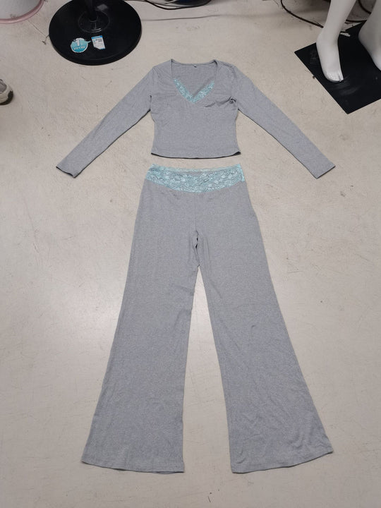 Damen nan Lounge-Set mit Spitzenbund, V-Ausschnitt und ausgestellter Schlaghose EB