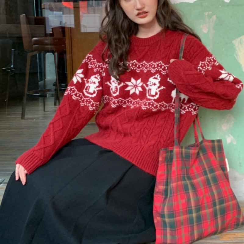 Damen Weihnachts-Pullover mit festlichem Zopfmuster und Schneemann-Motiv EB