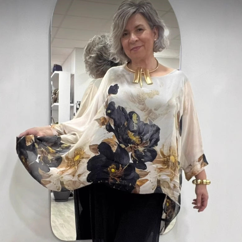Damen nan luftige Chiffon-Tunika mit Fledermausärmeln asymmetrischem Saum und floralem Druck EB