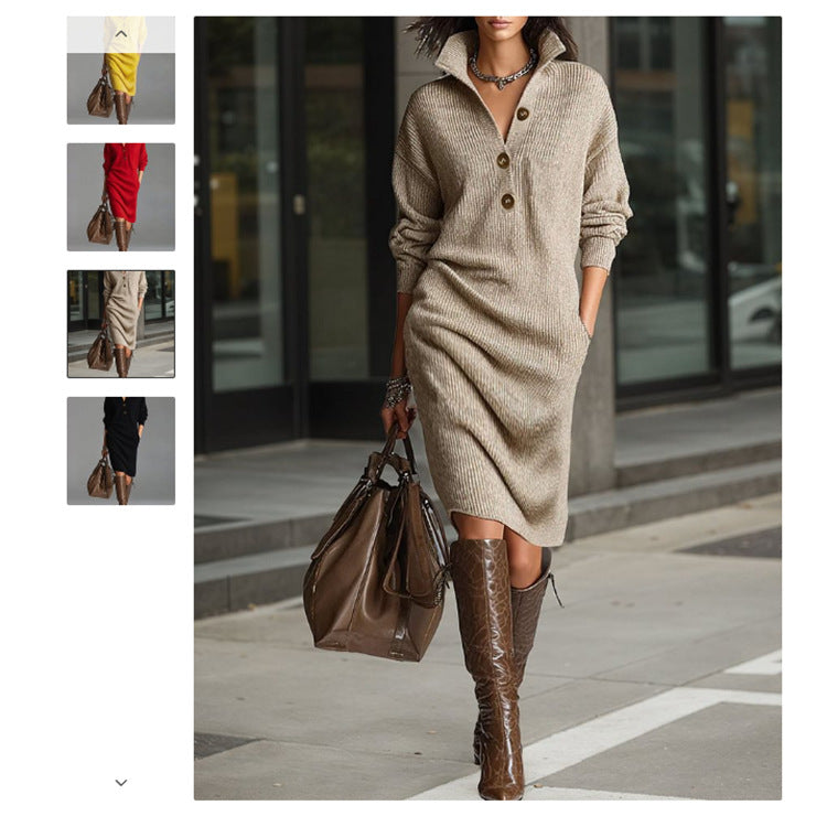 Damen nan gestricktes Pulloverkleid mit Polokragen, Eingrifftaschen und lässiger Passform EB