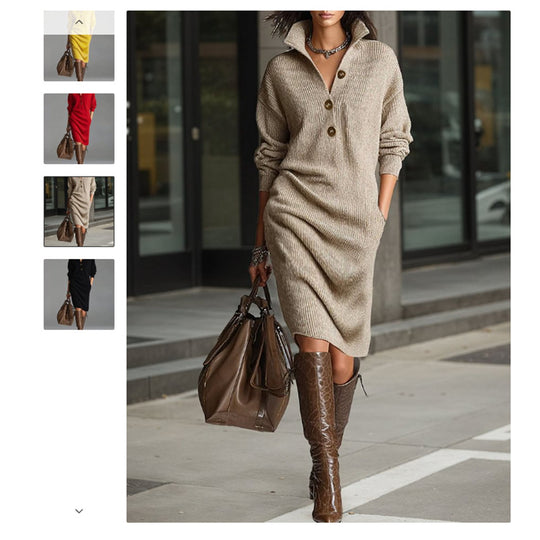 Damen nan gestricktes Pulloverkleid mit Polokragen, Eingrifftaschen und lässiger Passform EB