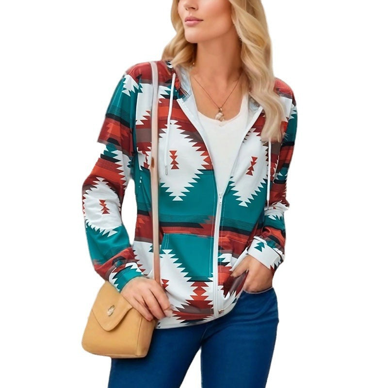 Damen Kapuzenjacke mit tribal inspiriertem Muster und praktischen Taschen EB