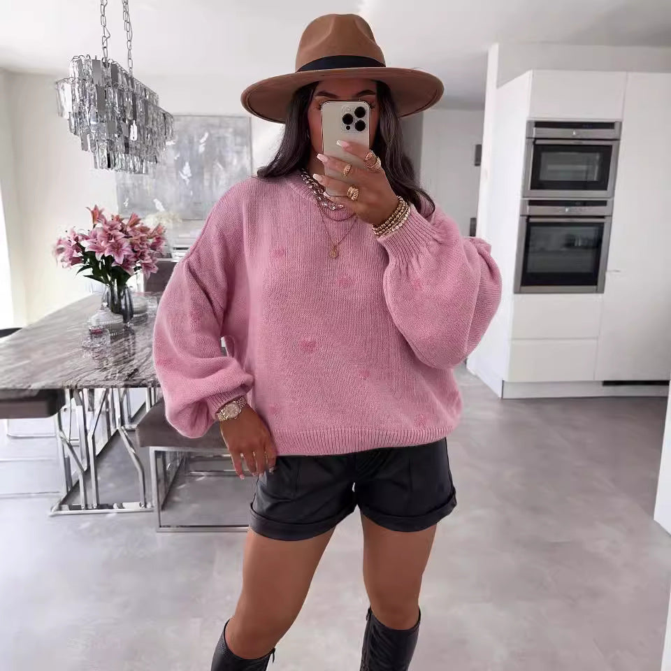 Damen lässiger Strickpullover mit herzförmigen Mustern und angeschnittenen Ärmeln EB