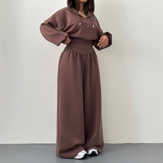 Damen nan luxuriöses Freizeitset Kapuzenpullover mit V-Ausschnittdetail und Culotte mit hoher Taille EB