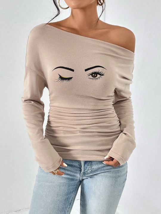 Damen Off-Shoulder Langarmshirt mit Raffung EB