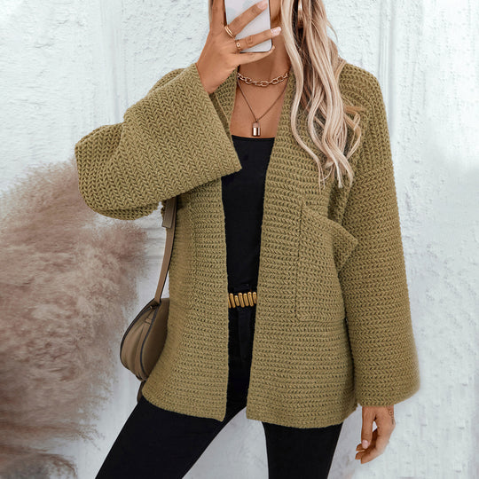 Damen luftige Strickjacke mit großen Taschen und offenen Ärmeln EB