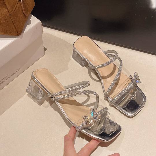 Damen elegante und glamouröse Sandalen mit funkelnden Applikationen und transparentem Blockabsatz EB
