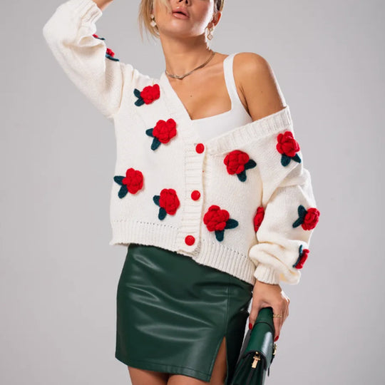 Damen Geblümter Strick-Cardigan mit 3D-Blumenapplikationen und V-Ausschnitt EB