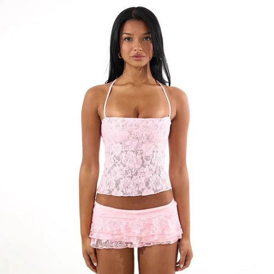 Damen Spaghetti-Träger Crop-Top mit Spitzenmuster EB