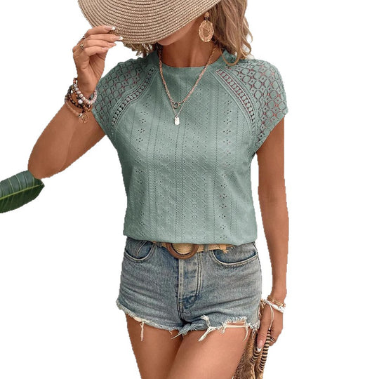 Damen Kurzarmbluse mit Lochmuster und femininen Details Heidi-Mode