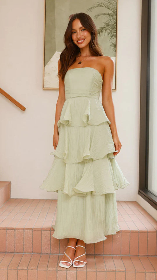 Damen Maxikleid mit voluminösen Rüschen und schulterfreiem Design EB