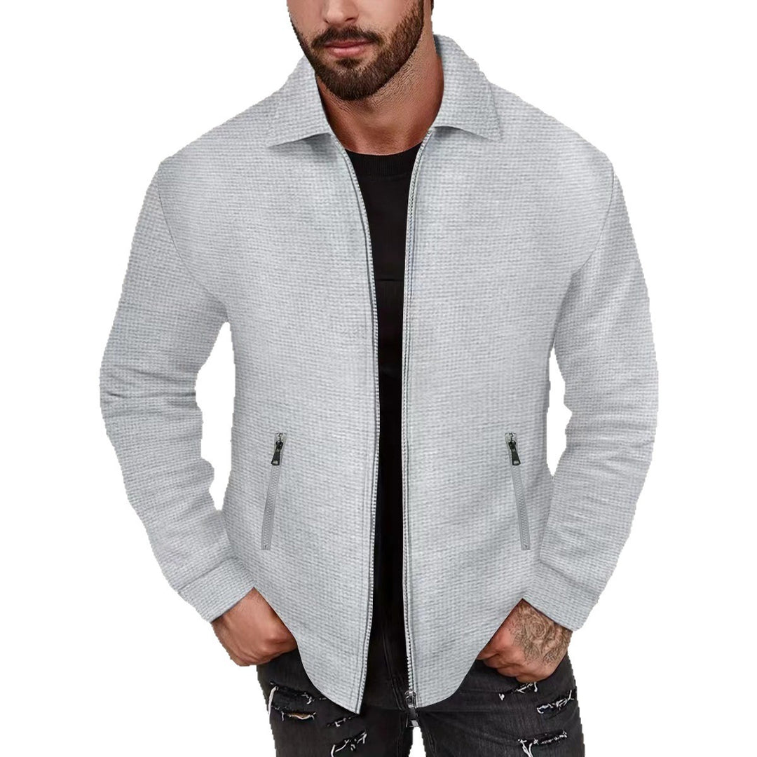 Herren nan minimalistische Stehkragen-Feinstrick-Übergangsjacke mit Zwei-Wege-Reißverschluss und verdeckten Reißverschlusstaschen EB