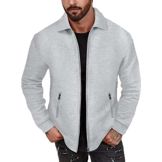 Herren nan minimalistische Stehkragen-Feinstrick-Übergangsjacke mit Zwei-Wege-Reißverschluss und verdeckten Reißverschlusstaschen EB