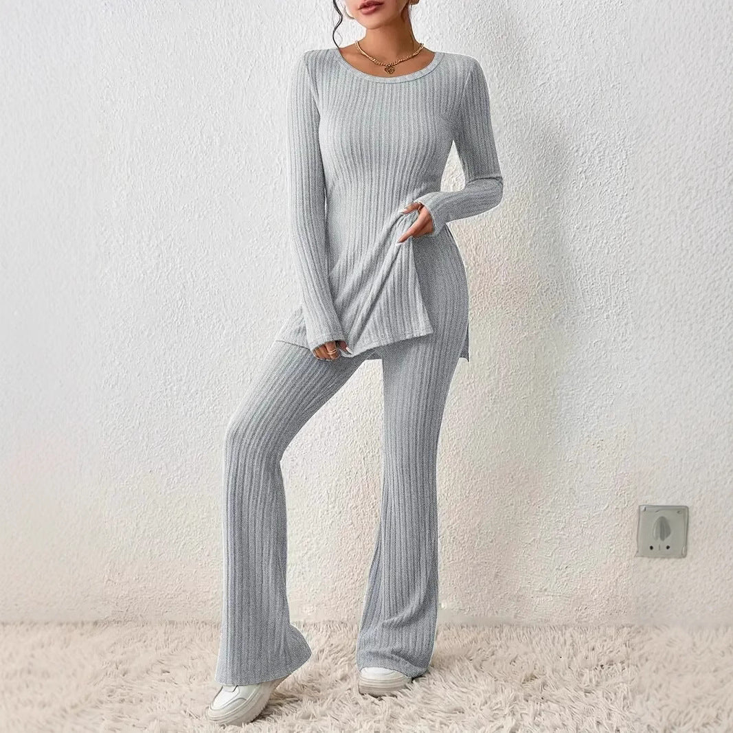Damen Fein geripptes Lounge-Set mit langen Ärmeln und ausgestellten Beinen EB