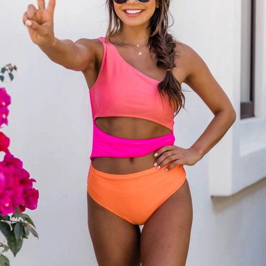 Damen Sportlicher Bikini mit asymmetrischem Oberteil und hohem Bund EB
