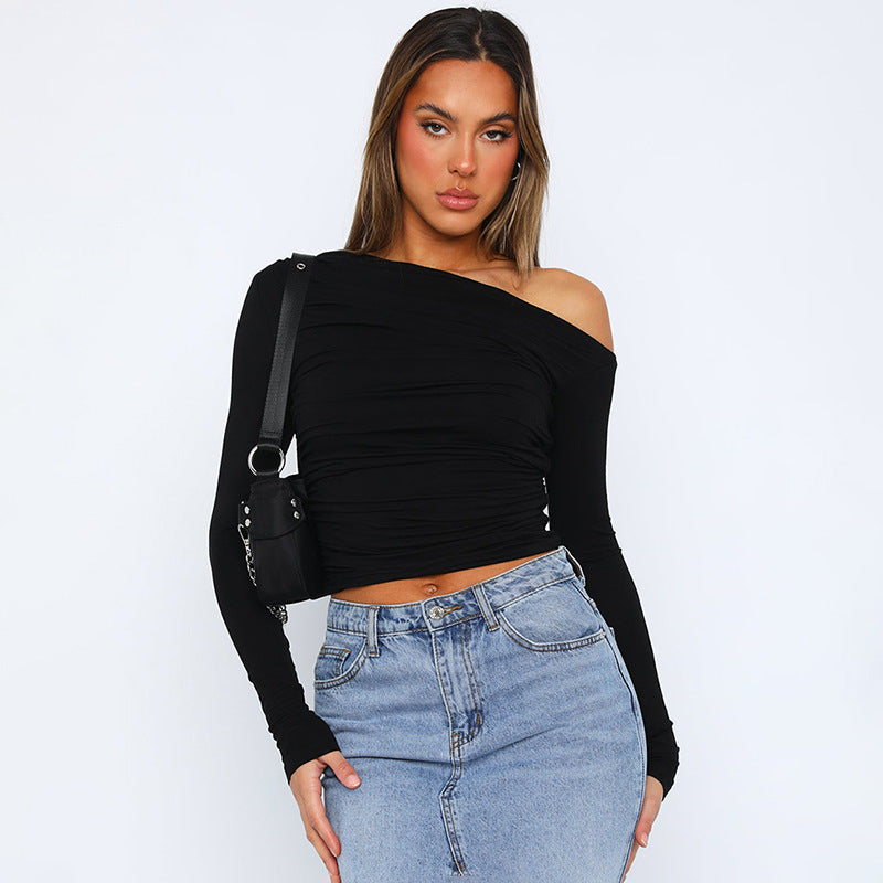 Damen Stylisches Oversized Shirt mit versetztem Kragen und Raffung EB