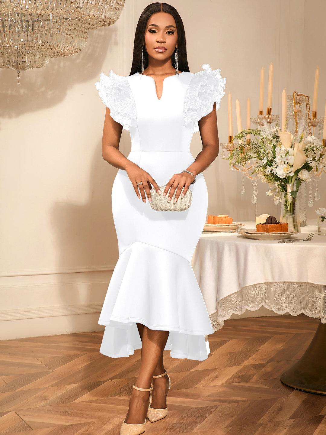 Damen figurbetontes Kleid mit voluminösen Rüschenärmel EB