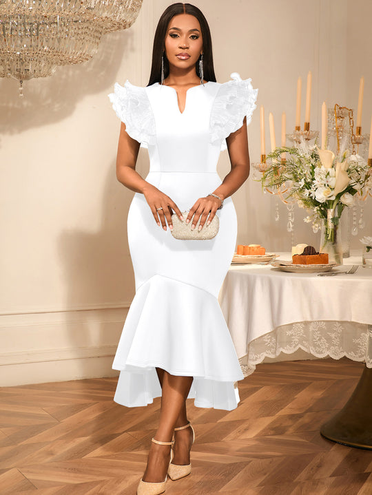 Damen figurbetontes Kleid mit voluminösen Rüschenärmel EB