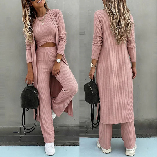 Damen Dreiteiliges Rippstrick-Loungewear-Set mit Longcardigan, bauchfreiem Top und weiter Palazzohose EB