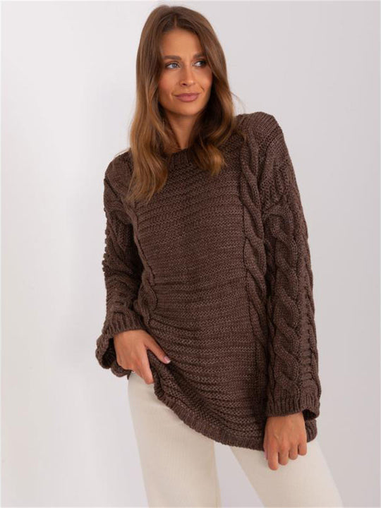 Damen Grobstrickpullover mit modernem Zopfmuster und weiten Ärmeln EB