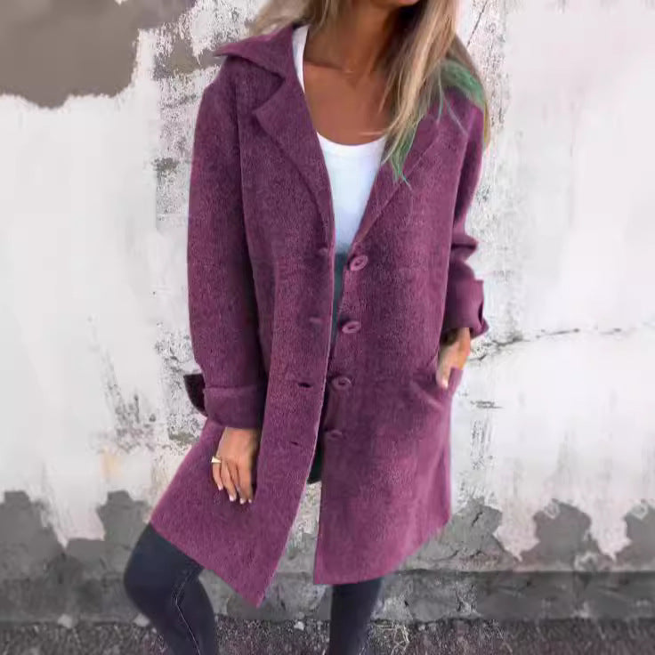 Damen Eleganter Oversize-Wollmantel mit Durchgehender Knopfleiste und Praktischen Taschen EB