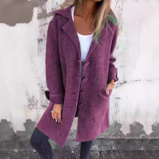 Damen Eleganter Oversize-Wollmantel mit Durchgehender Knopfleiste und Praktischen Taschen EB