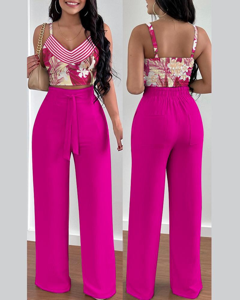 Damen Zweiteiliges Set aus floralem Oberteil und weiten Hosen EB