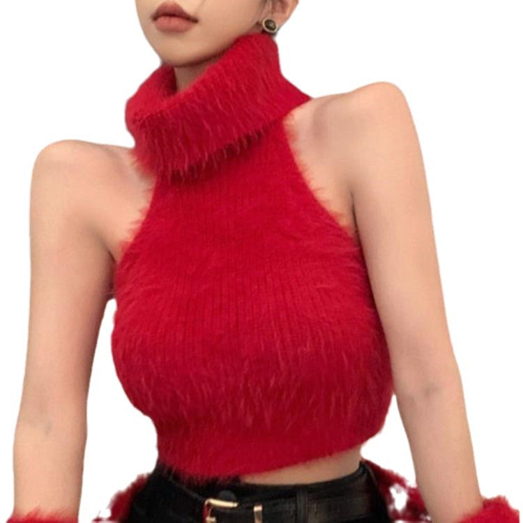 Damen Flauschiger Cropped Pullover mit Stehkragen und Oversize-Ärmeln EB